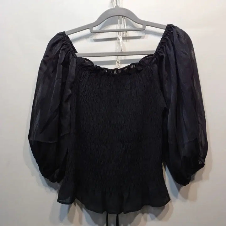 [BUNJANG] Black Shirring Puff Short Sleeve Blouse / 블랙 셔링 블라우스 퍼프 반팔80사이즈여름  65026