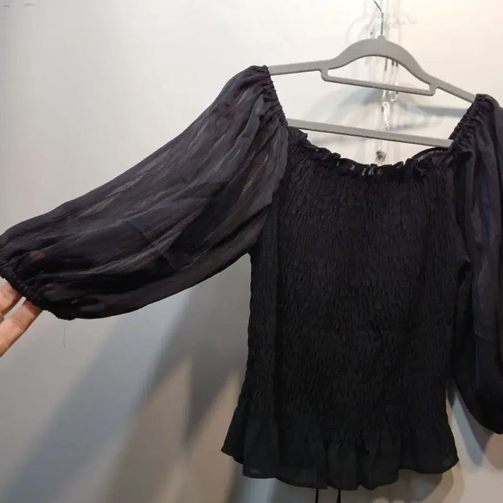 [BUNJANG] Black Shirring Puff Short Sleeve Blouse / 블랙 셔링 블라우스 퍼프 반팔80사이즈여름  65026