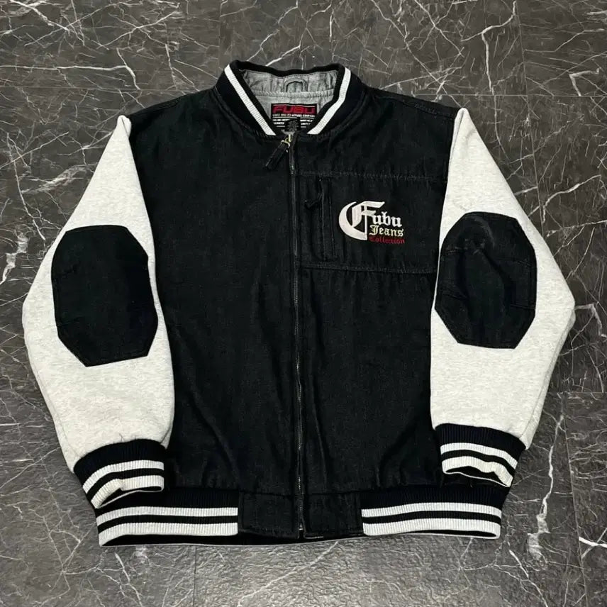 [BUNJANG] Fubu Black Patchwork Denim Varsity Jacket / 후부 흑청 패치워크 데님 바시티자켓