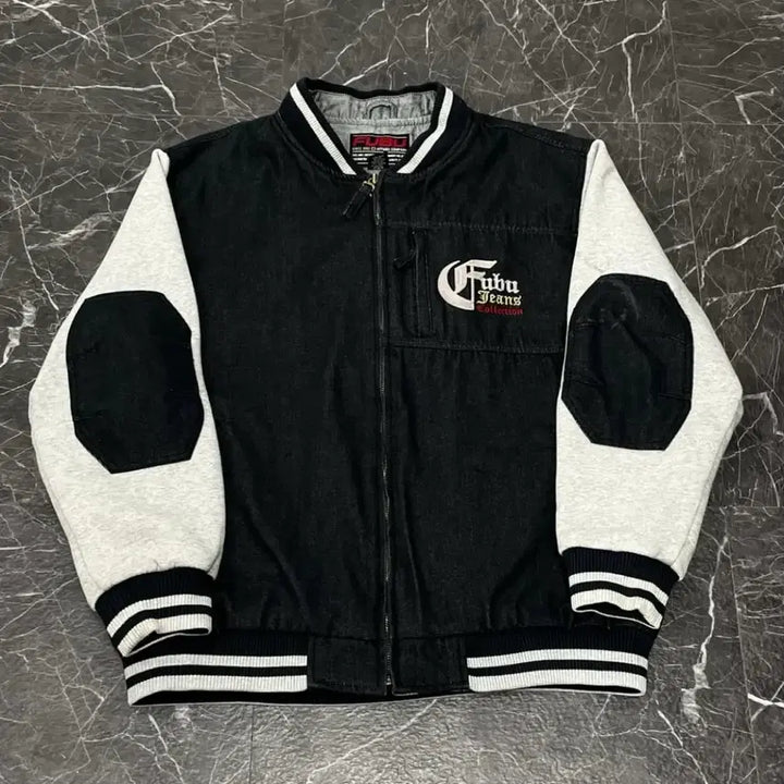 [BUNJANG] Fubu Black Patchwork Denim Varsity Jacket / 후부 흑청 패치워크 데님 바시티자켓
