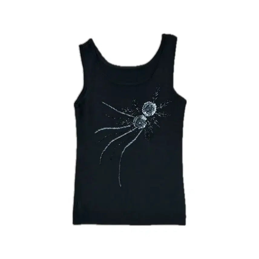 [BUNJANG] Floral Bead Sleeveless Top - Black / 꽃 비즈 포인트 민소매 블랙