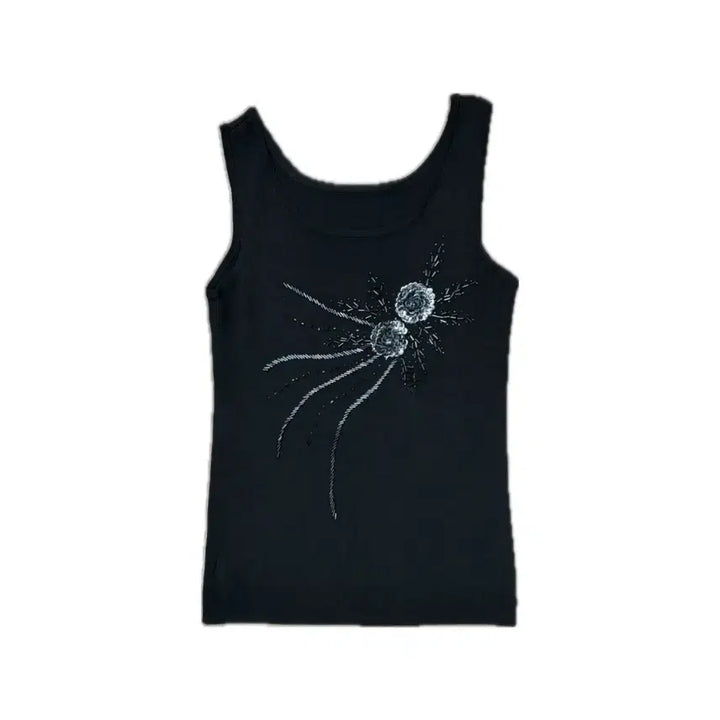[BUNJANG] Floral Bead Sleeveless Top - Black / 꽃 비즈 포인트 민소매 블랙