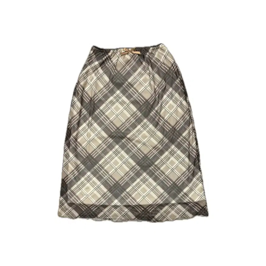 [BUNJANG] Ribbon Checkered Long Skirt Brown / 리본 체크무늬 롱스커트 브라운