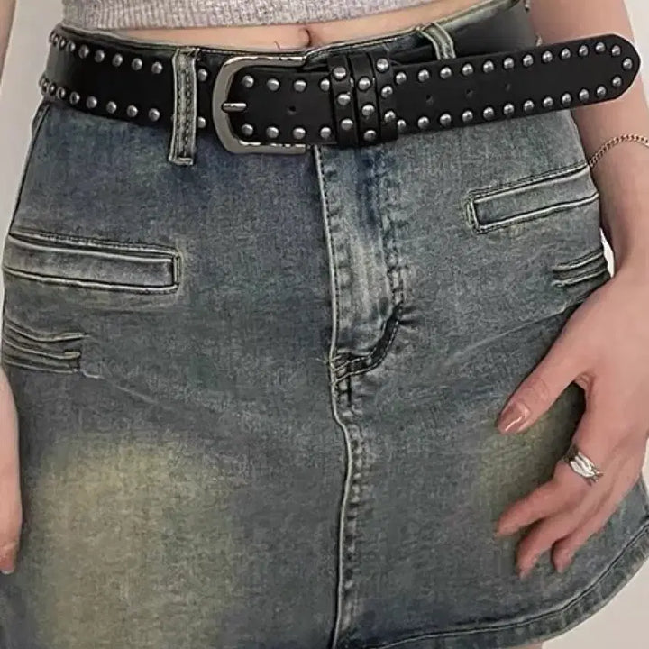 [BUNJANG] Black Studded Leather Belt / 블랙 스터드 가죽 벨트