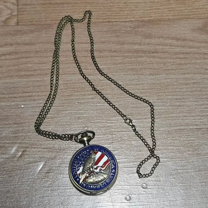 [BUNJANG] Vintage USA Flag Eagle Pocket Watch Necklace / 빈티지 미국 국기 독수리 회중시계 목걸이