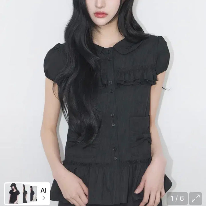 [BUNJANG] Illigo Bow Pocket Ruffle Blouse Stripe Black / (텍o새상품)일리고 보우 포켓 러플 블라우스 스트라이프 블랙