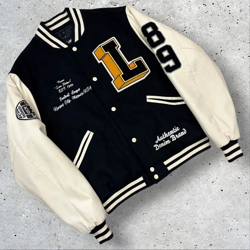[BUNJANG] Lee Black Leather Panel Stadium Varsity Jacket M / [M] Lee 리 블랙 레더 배색 스타디움 바시티 자켓 E48