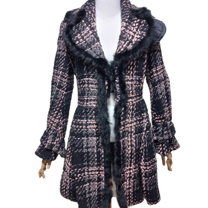 [BUNJANG] OZOC Rabbit Fur Trim Tweed Check Knit Coat Jacket / 오즈세컨 정품 여자 토끼퍼배색 여성 트위드체크니트코트자켓82-94