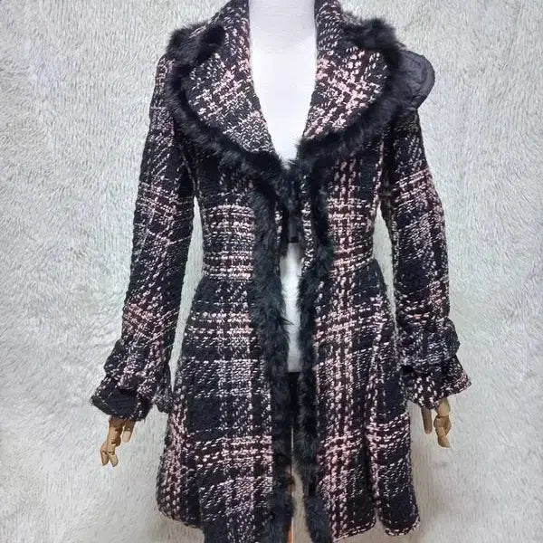 [BUNJANG] OZOC Rabbit Fur Trim Tweed Check Knit Coat Jacket / 오즈세컨 정품 여자 토끼퍼배색 여성 트위드체크니트코트자켓82-94
