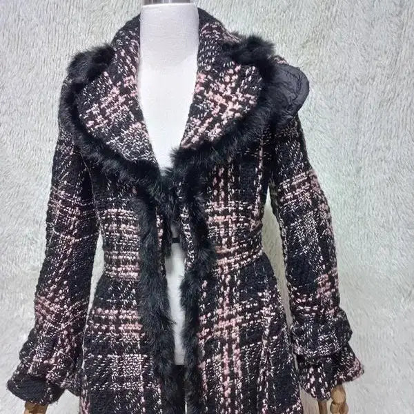 [BUNJANG] OZOC Rabbit Fur Trimmed Tweed Check Knit Coat Jacket / 오즈세컨 정품 여자 토끼퍼배색 여성 트위드체크니트코트자켓82-94