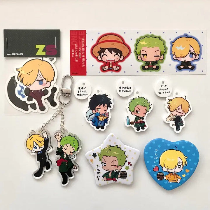 [BUNJANG] One Piece Zoro &amp; Sanji "Ocean Expo" Sticker, Pin Button, and Keyring Bundle / 담요님 원피스 조로 상디 스티커 핀버튼 키링 비공굿 조로산 해양박람회