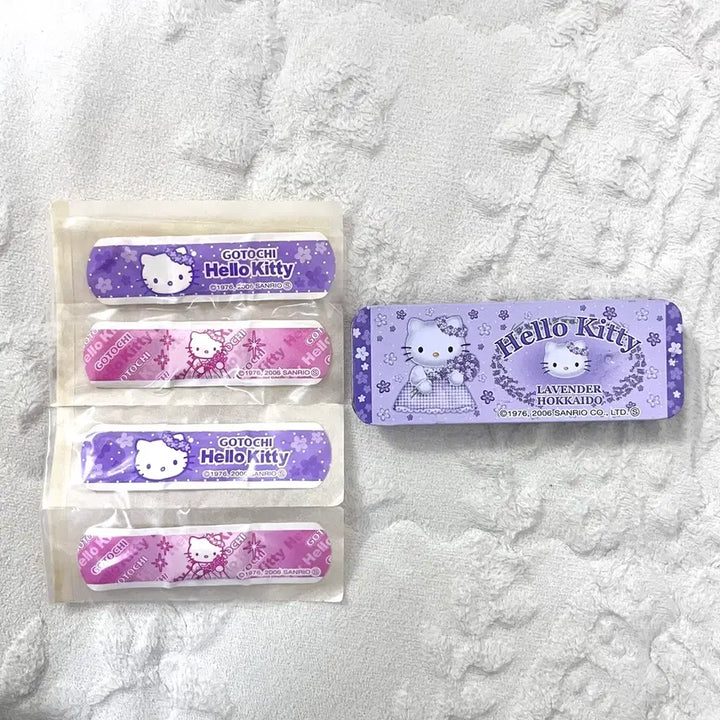 [BUNJANG] Vintage Hokkaido Lavender Hello Kitty Tin Case &amp; Band Set / 고전 빈티지 훗카이도 라벤더 헬로키티 틴케이스 밴드 세트 고리 키링