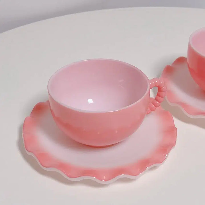 [BUNJANG] Hazel Atlas Crinoline Pink Teacup Set with Beaded Handle / 헤이즐 아틀라스 크리놀린 핑크 찻잔 구슬 핸들 컵&amp;소서 세트
