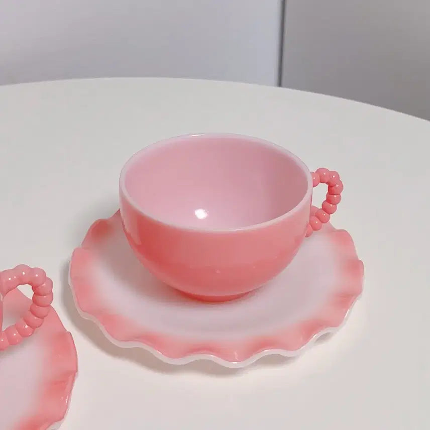 [BUNJANG] Hazel Atlas Crinoline Pink Teacup Set with Beaded Handle / 헤이즐 아틀라스 크리놀린 핑크 찻잔 구슬 핸들 컵&amp;소서 세트