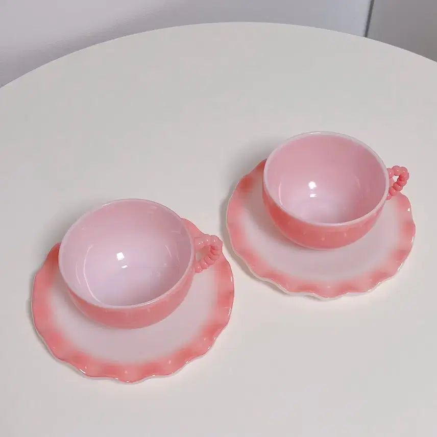 [BUNJANG] Hazel Atlas Crinoline Pink Teacup Set with Beaded Handle / 헤이즐 아틀라스 크리놀린 핑크 찻잔 구슬 핸들 컵&amp;소서 세트