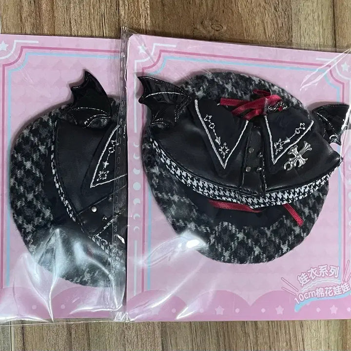 [BUNJANG] 10cm Doll Clothes Black Devil Plaid Beret Set / 10cm 인형옷 솜인형옷 누이 의상 블랙 악마 체크 베레모 세트