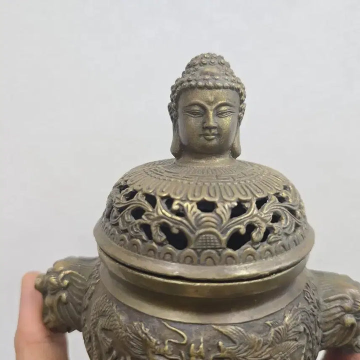 [BUNJANG] Antique Brass Dragon and Buddha Incense Burner / 골동품 황동 불상 용 조각 향로