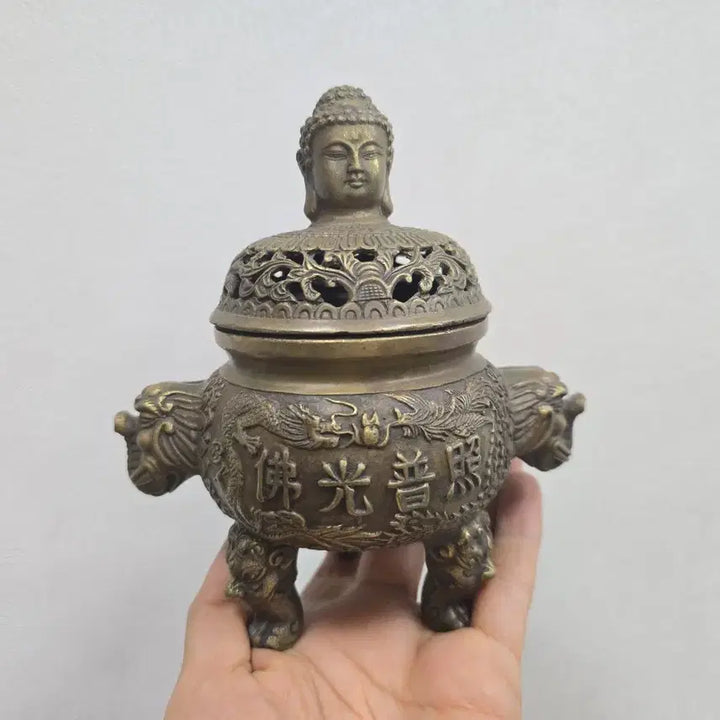[BUNJANG] Antique Brass Dragon and Buddha Incense Burner / 골동품 황동 불상 용 조각 향로