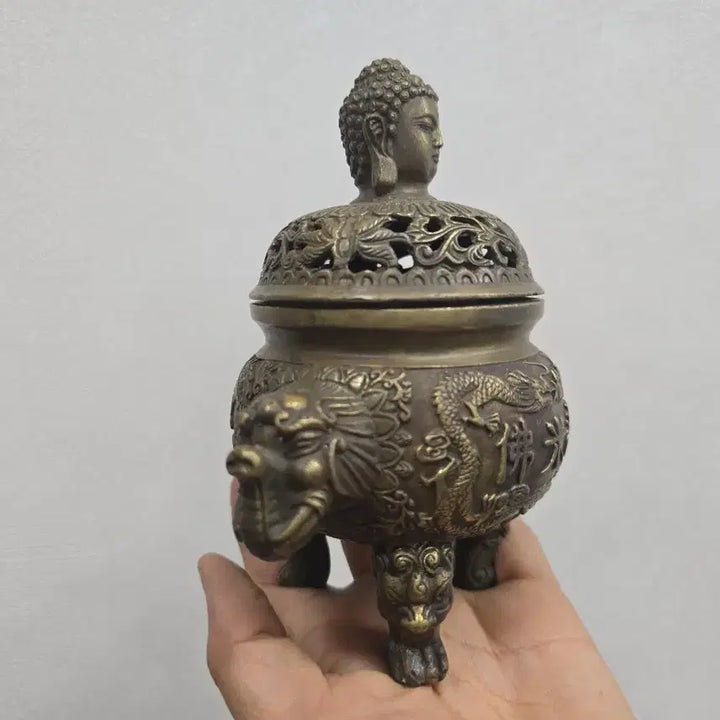 [BUNJANG] Antique Brass Dragon and Buddha Incense Burner / 골동품 황동 불상 용 조각 향로