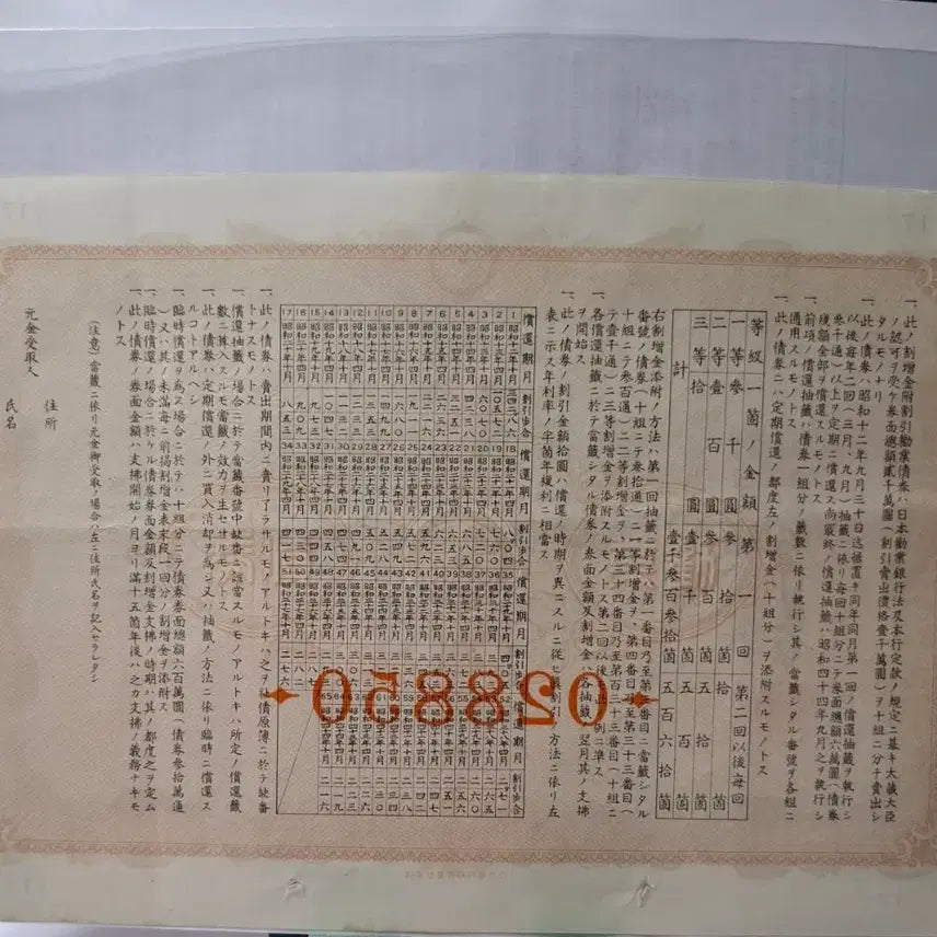 [BUNJANG] Bank of Korea Discount Bond 20 Won, Year 12 (1937), Serial 028850, Unused / 일본권업은행 할인 채권 소화12년 20원권 028850  미사용