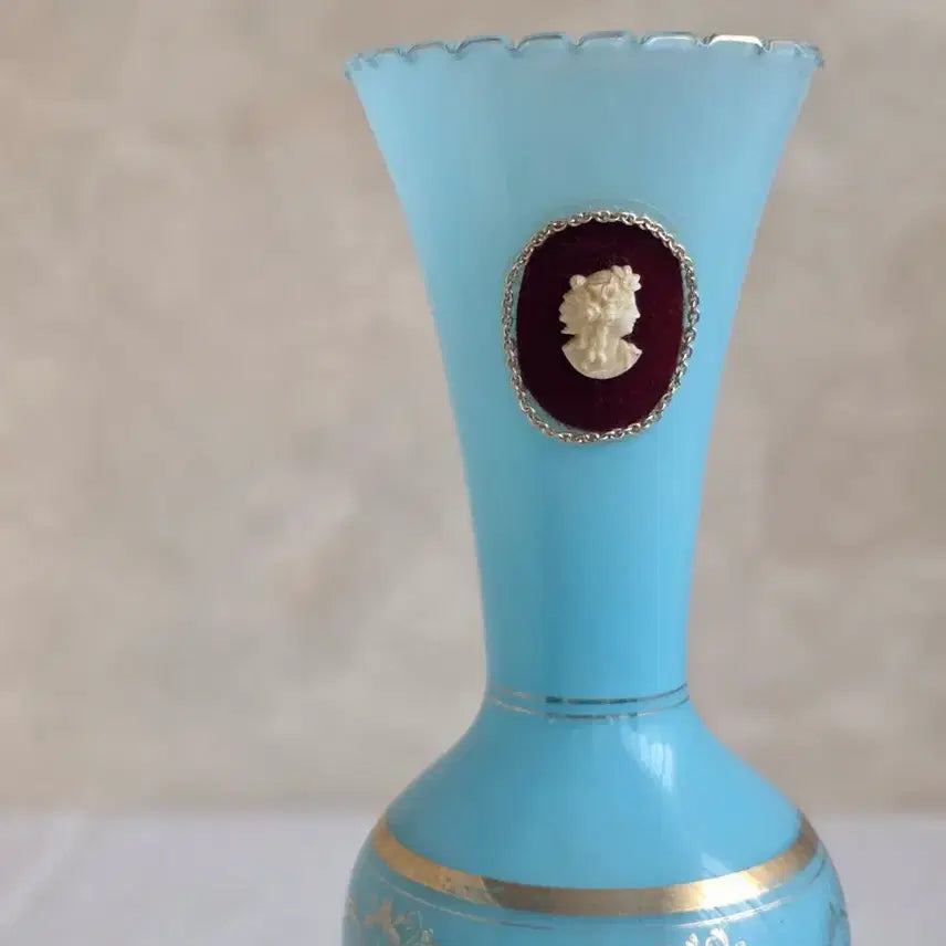 [BUNJANG] French Vintage Blue Opaline Cameo Large Vase 35cm / 프랑스 빈티지 블루 오팔린 카메오 대형 화병 / 35cm