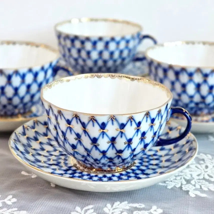 [BUNJANG] Lomonosov Cobalt Net Tea Cup and Saucer Set - Vintage Tulip Russian Imperial Porcelain / 로모노소프 코발트넷 티잔 찻잔 빈티지 튤립잔 그릇 러시아 임페리얼 포슬린