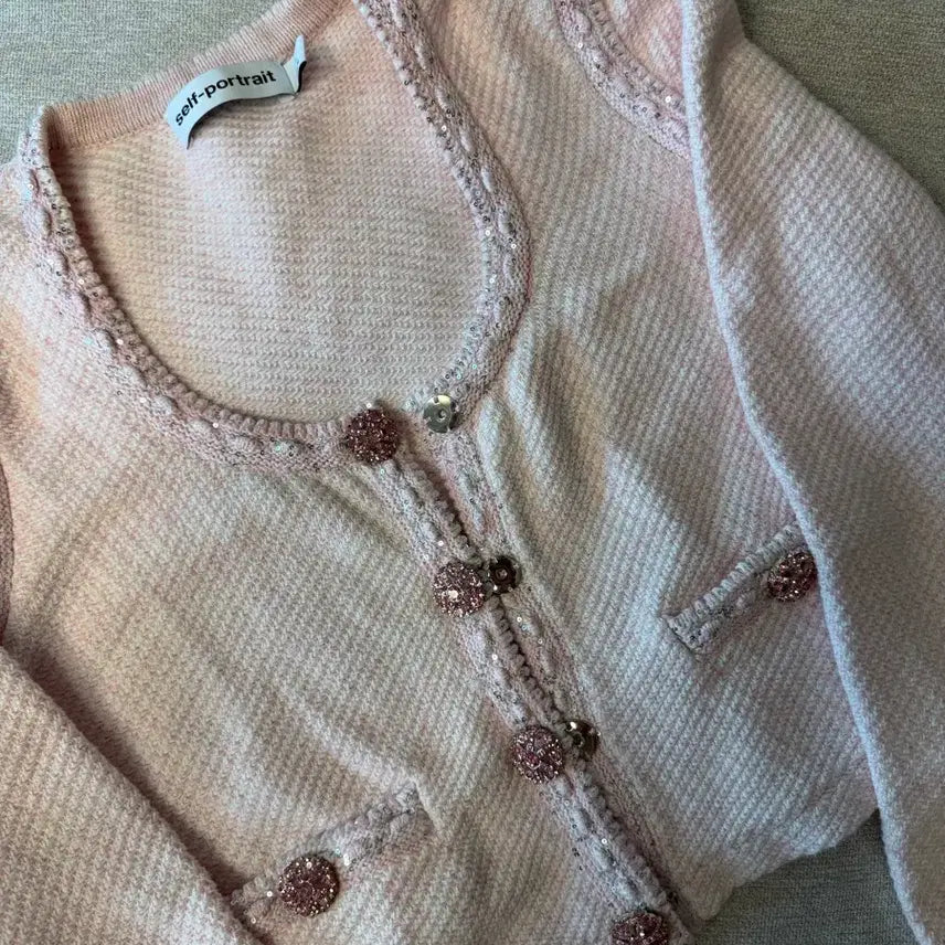 [BUNJANG] Self-Portrait Pink Tweed Cubic Button Cardigan / [L]Self-protrait 셀프포트레이트 가디건 핑크