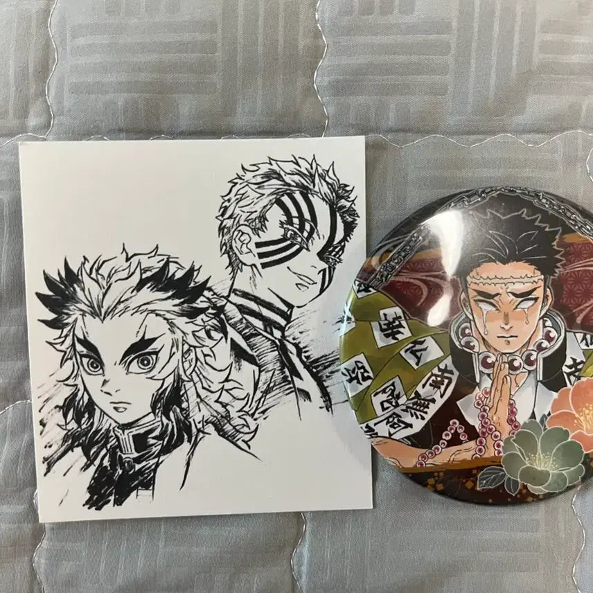 [BUNJANG] Demon Slayer Gyomei Can Badge, Rengoku &amp; Akaza Original Art Card Set / 귀멸의 칼날 굿즈 교메이 캔뱃지 렌고쿠 아카자 원화카드