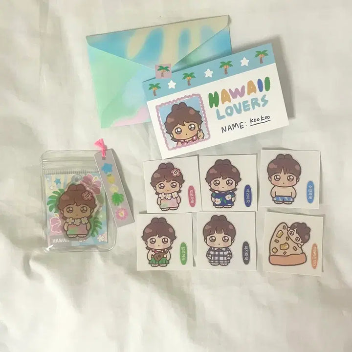[BUNJANG] BTS Jungkook Hawaiian Keychain + Sticker Set / 정국 키링 궁물 하와이안 키링 + 띠부씰 방탄 비공굿 팬아트 bts jk