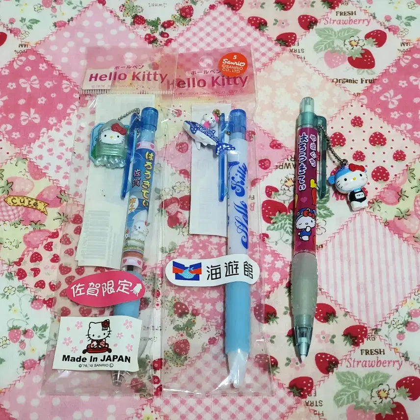 [BUNJANG] Vintage Hello Kitty Pen &amp; Mechanical Pencil Strap Bundle (3 pcs) / 고전 키티 볼펜 샤프 스트랩 3개 일괄 (오징어 상어고래 야마구치수영복)
