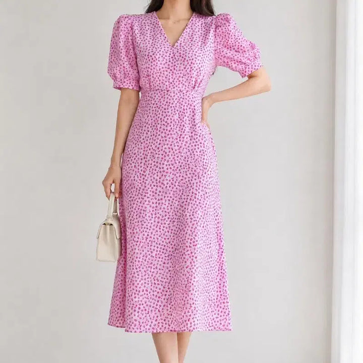 [BUNJANG] Pink Heart Pattern Puff Sleeve Dress / 새상품 핑크 하트패턴 퍼프 소매 원피스