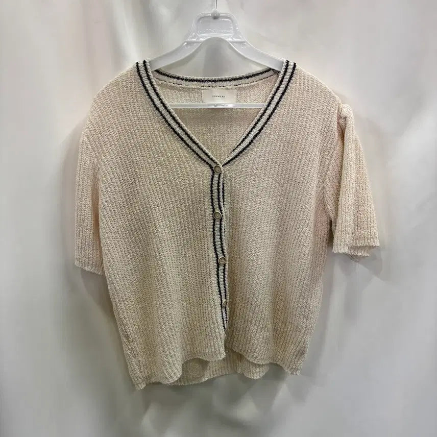 [BUNJANG] Pigment V-Neck Color-Block Short-Sleeve Knit Cardigan / 피그먼트 브이넥 배색 라인 반팔 니트 가디건