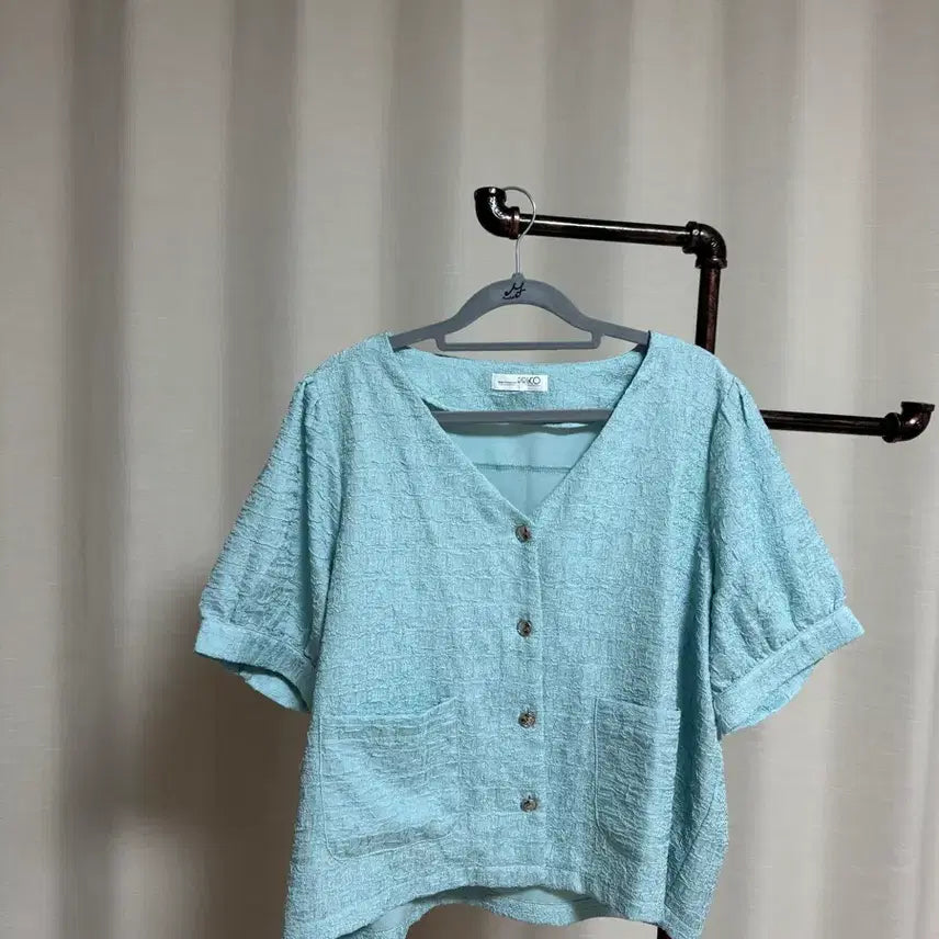 [BUNJANG] Oversized Light Blue Short-Sleeve Jacket / 빅사이즈 하늘색 반팔자켓