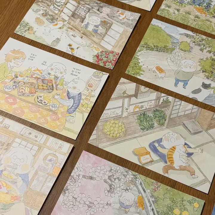 [BUNJANG] Grandfather and Cat Illustration Postcard Set with Multi-Purpose Stand / 고양이와 할아버지 일러스트 엽서 + 다목적 스탠드 세트
