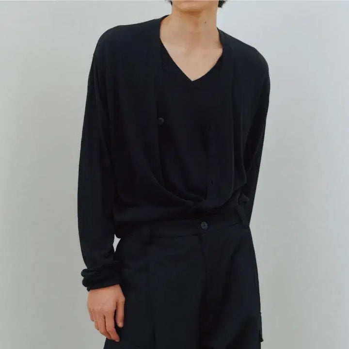 [BUNJANG] Noir Linen Layered Pullover Cardigan Knit (Black) / 노이어 린넨 레이어드 풀오버 가디건 니트 (블랙)(새상품)