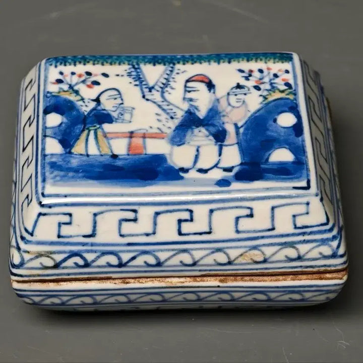 [BUNJANG] Joseon Dynasty Celadon Porcelain Figural Square Box Antique Chinese Ceramic / 민국 청화백자 인물문 사각함 중국도자기 골동품 고미술품 수집품