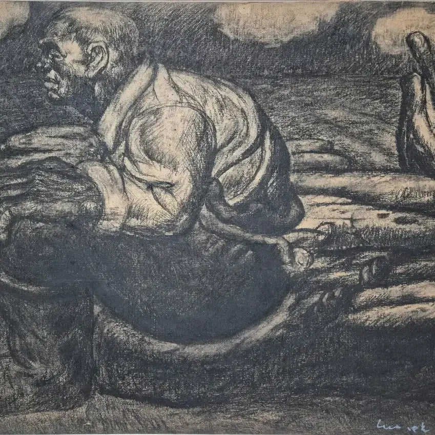 [BUNJANG] Luo Zhongli Abstract Figure Series Charcoal and Watercolor Mixed Drawing (1980s) / 라중립, 추상인물시리즈, 57x40cm,1980년대.