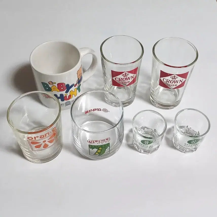 [BUNJANG] Vintage Glass Cups Set (SamYuk Soy Milk, Crown, Orang-C, Baby Hunt) / 삼육두유 오란씨 크라운 옛날 유리컵 유리잔 빈티지 레트로 고전 90년대