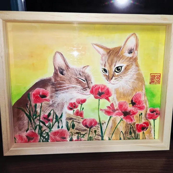 [BUNJANG] Abyssinian Cat and Poppy Folk Painting Framed Art / 아비시니안 고양이와 양귀비 민화 그림 액자