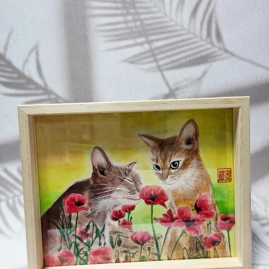[BUNJANG] Abyssinian Cat and Poppy Folk Painting Framed Art / 아비시니안 고양이와 양귀비 민화 그림 액자