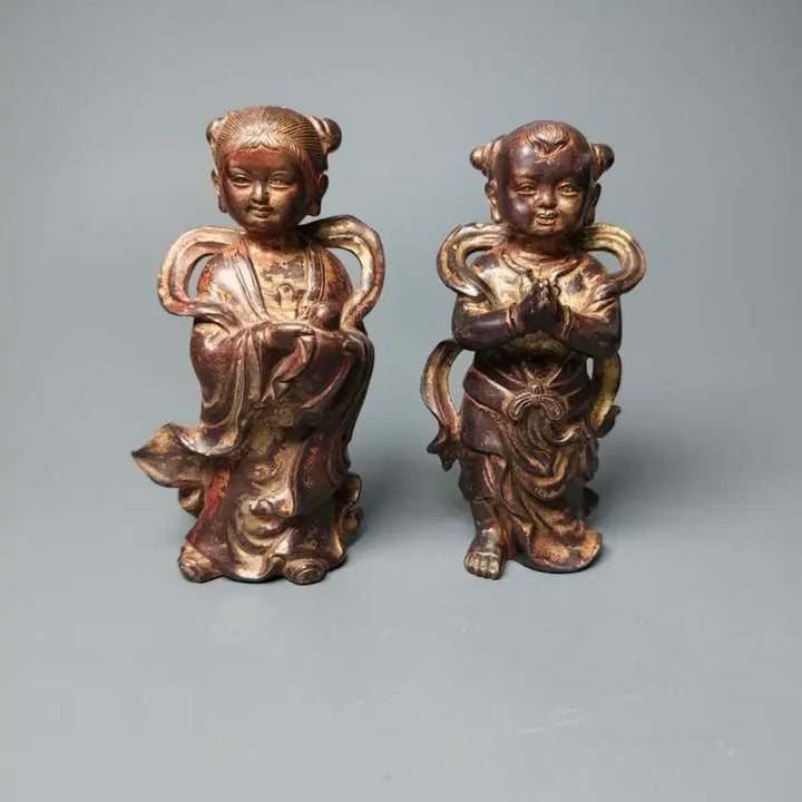 [BUNJANG] Pair of Gilt Bronze Boy Buddha Statues / 동제 개금 동자상 불상 한쌍 골동품 고미술품 수집품 금도금