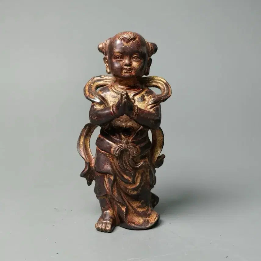 [BUNJANG] Pair of Gilt Bronze Boy Buddha Statues / 동제 개금 동자상 불상 한쌍 골동품 고미술품 수집품 금도금