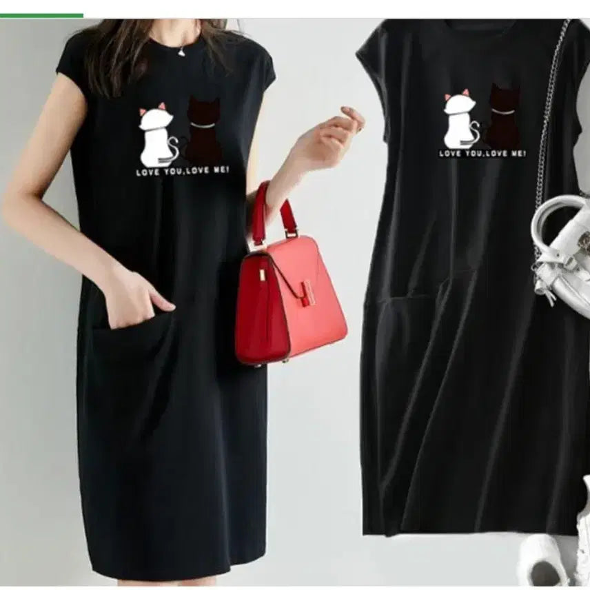 [BUNJANG] Cat Printing Midi Dress / 고양이 프린팅 원피스 (무료배송)