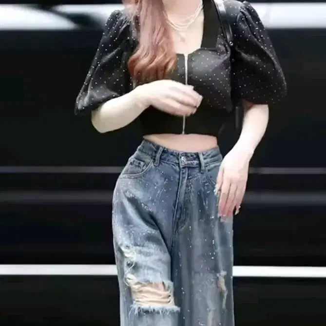 [BUNJANG] Black Dot Puff Sleeve Zip-Up Jacket / 블랙 도트 퍼프 소매 집업 자켓 정리(20.000-15000)