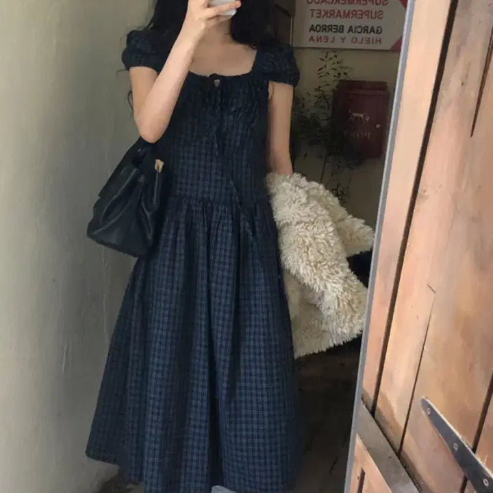 [BUNJANG] Spring Comma Boutique Checkered Square Eyelet Long Dress / [새상품] 스프링콤마 부티크 체크스퀘어아일렛롱원피스