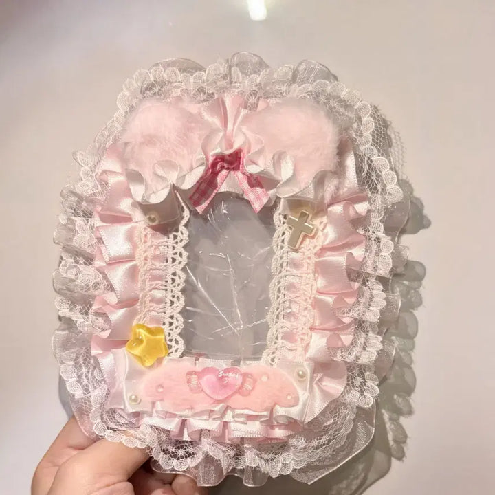 [BUNJANG] Handmade Pink &amp; White Lace Photocard Holder Top Loader / 핑크 화이트 레이스 탑꾸 탑로더 꾸미기 핸드메이드 포카홀더