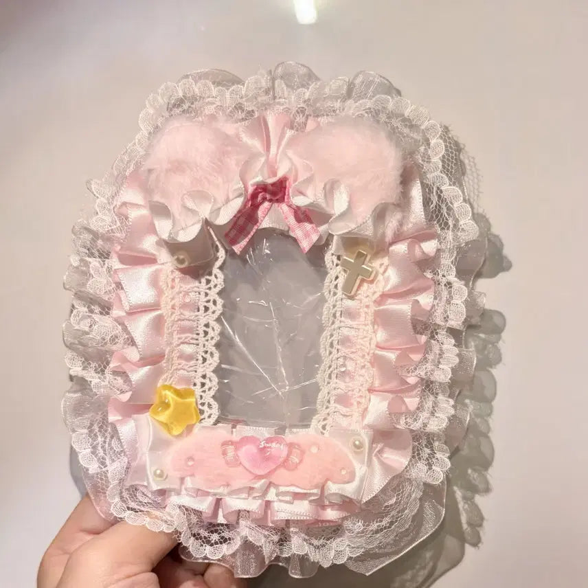 [BUNJANG] Handmade Pink &amp; White Lace Photocard Holder Top Loader / 핑크 화이트 레이스 탑꾸 탑로더 꾸미기 핸드메이드 포카홀더