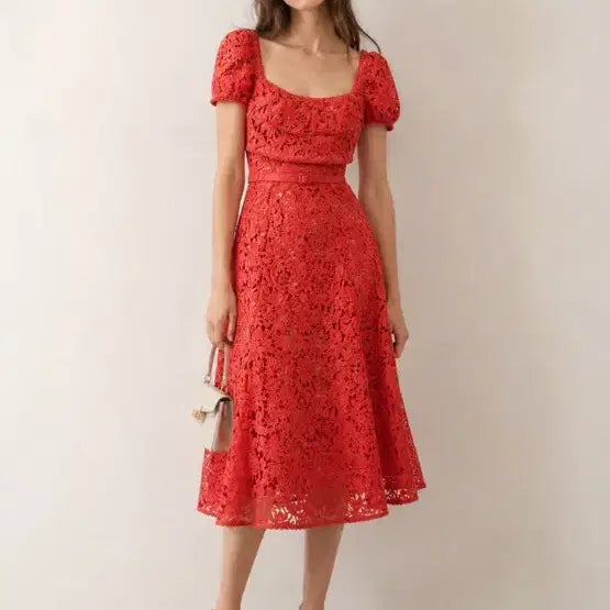 [BUNJANG] Self-Portrait Authentic Lace Puff Sleeve Square Neck Belted Long Dress / (새제품)셀프포트레이트 정품 고급 레이스 반팔 퍼프 스퀘어 벨트 롱원피스