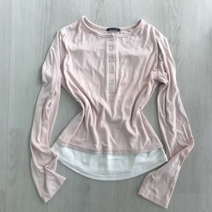 [BUNJANG] Layered T-Shirt / 베이비핑크 티셔츠 딱붙핏 레이어드 일체형 딸기우유