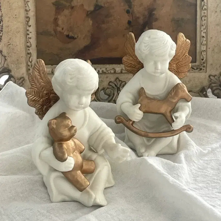 [BUNJANG] Antique Porcelain Angel Figurines Set with Teddy Bear and Rocking Horse / 엔틱 빈티지 포셀린 천사 피겨린 세트